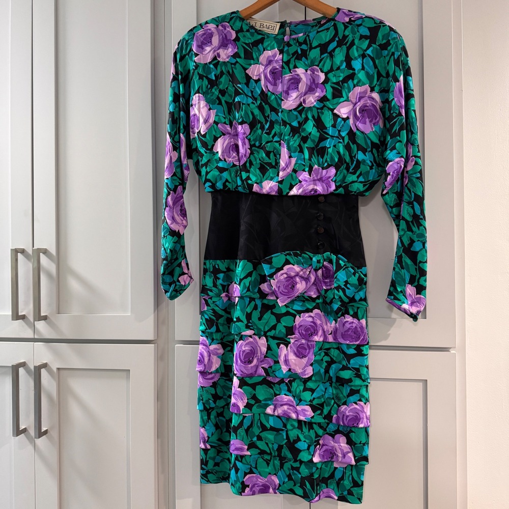 AJ Bari Vintage 80s Silk‎ Floral Dress Purple Teal Rose Tiered Drop Waist Size 2